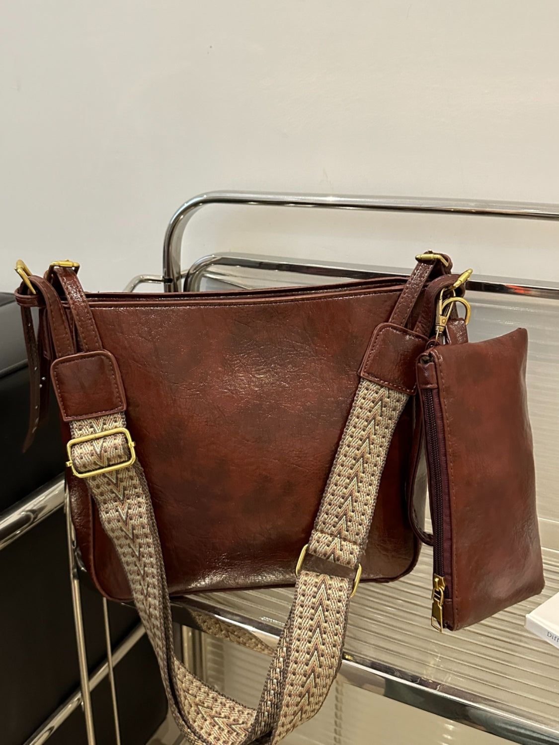 Leather Adjustable Strap Crossbody Bag with Pouch