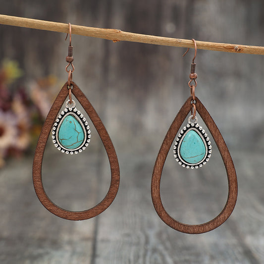 Wooden Turquoise Teardrop Earrings